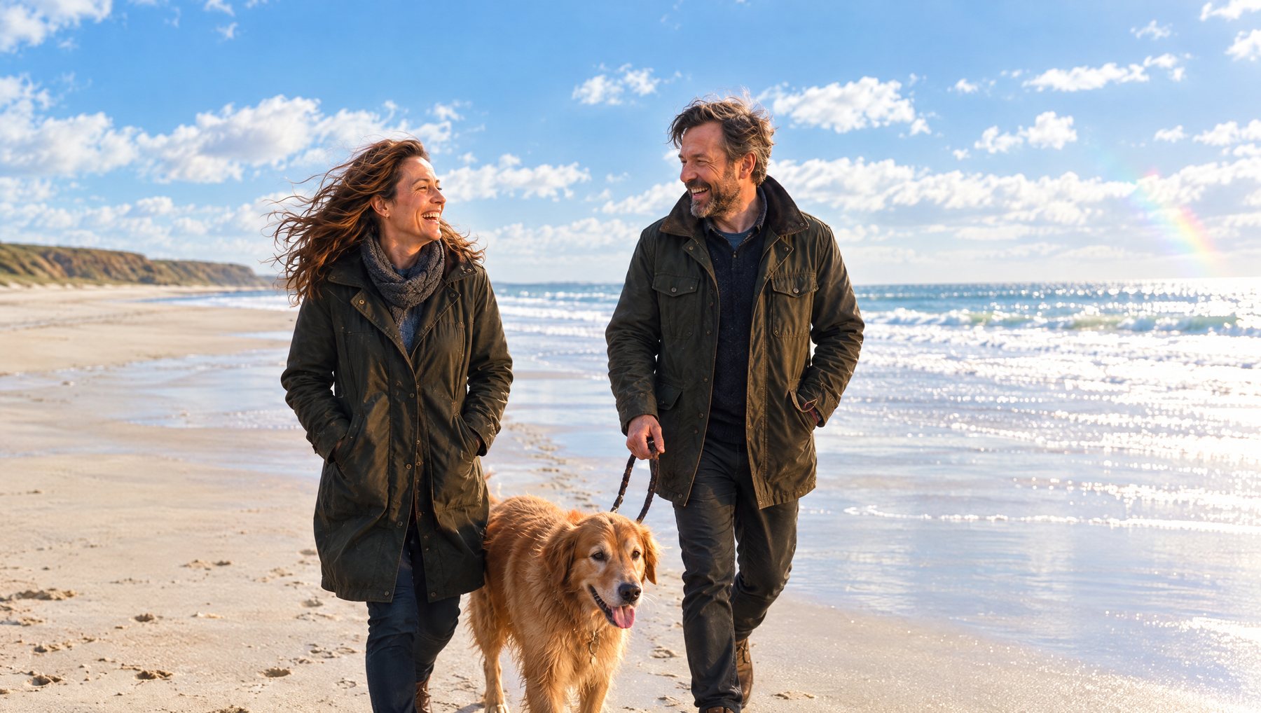 Two friends laughing as they walk a dog along a sunny beach
