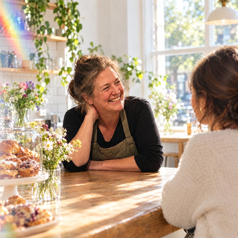 A cafe owner laughing with a friend across the counter of her bright cafe