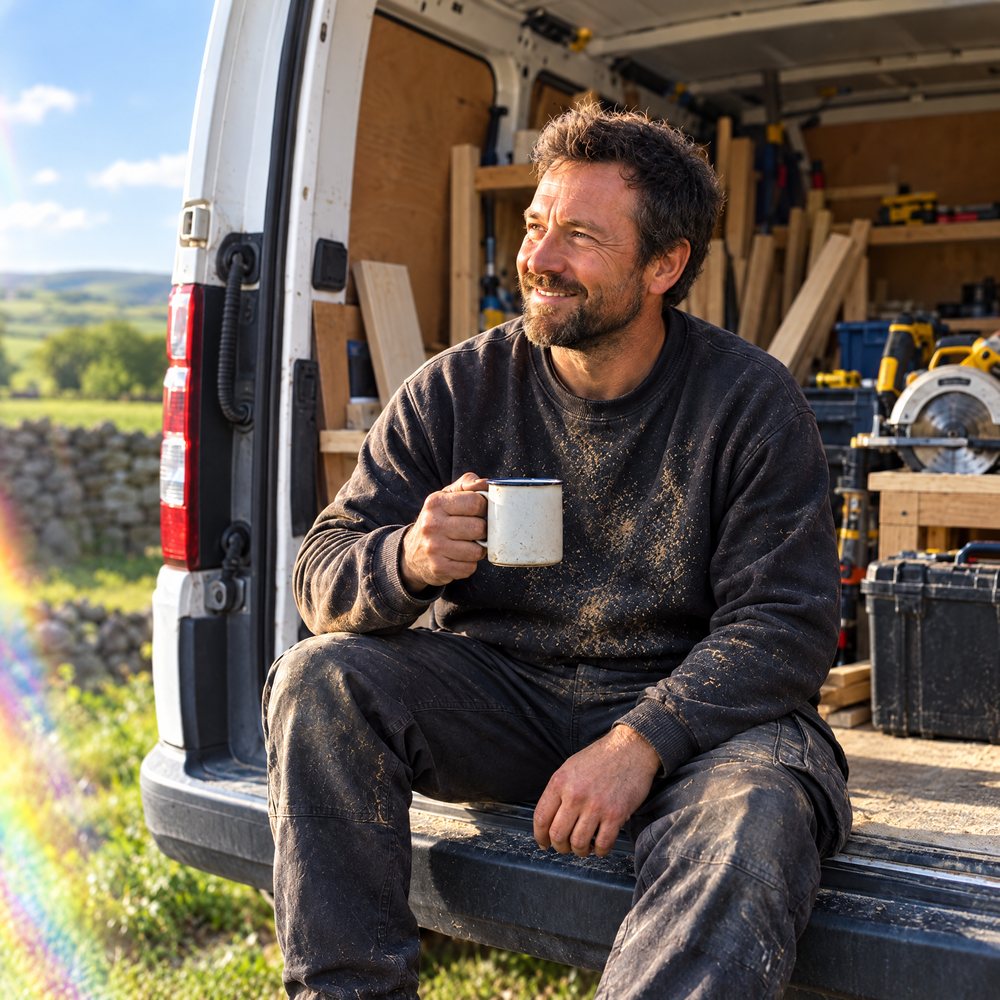 A carpenter smiling with a mug of tea on the back of his van in the sunshine
