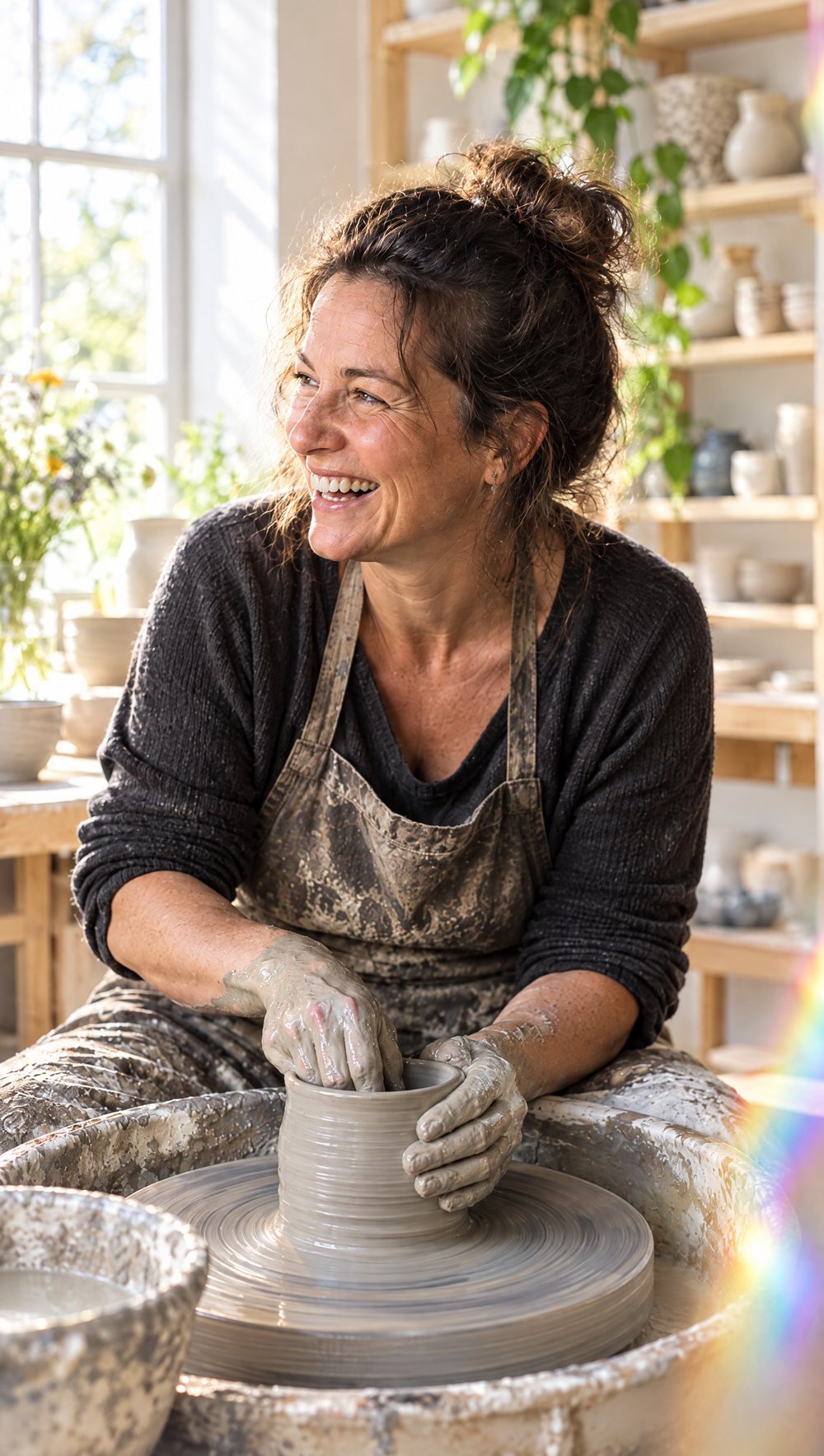 A potter laughing at her wheel in her sunlit studio